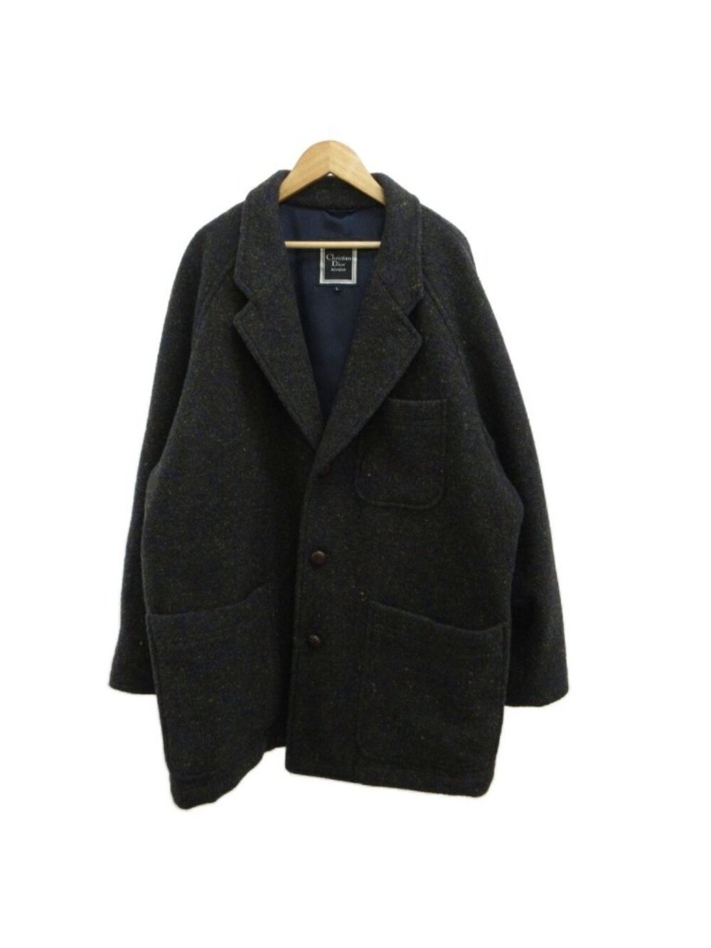 Dior Vintage Tweed Jacket Wool Dark Gray L Covered Button PP